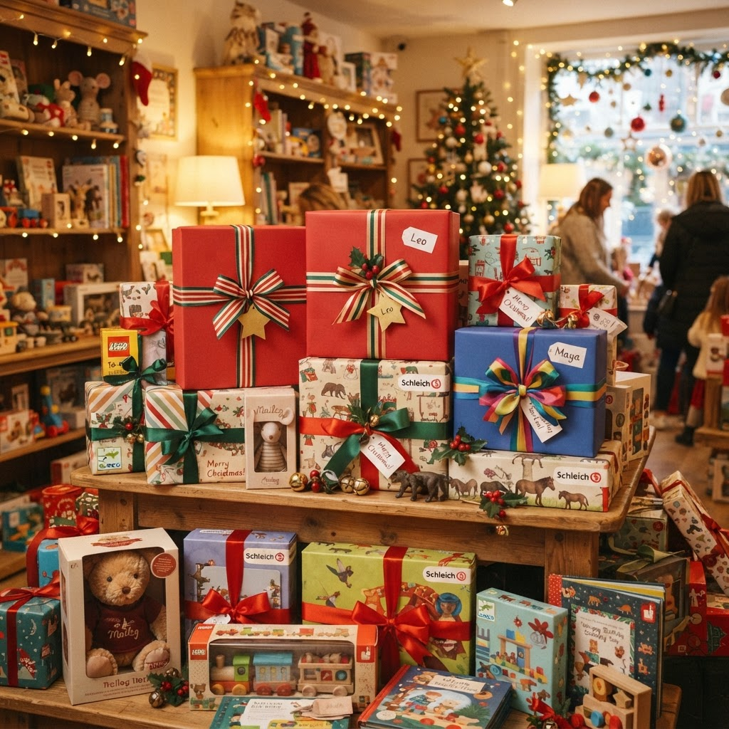 Schön verpackte Geschenke im Spielwarengeschäft Pinocchio